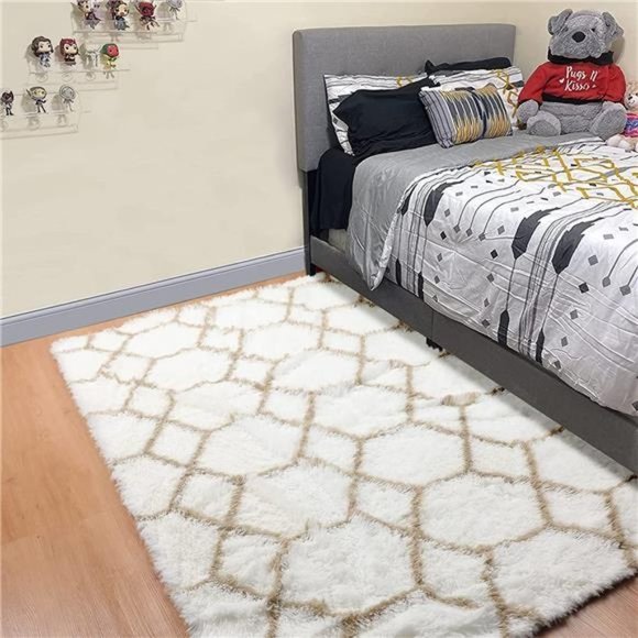 New White/Beige Soft Fluffy Area Rug - Picture 6 of 6